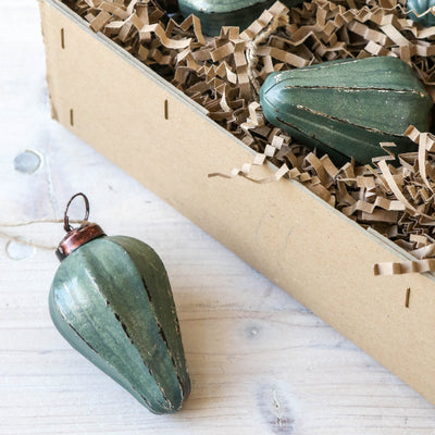 7.5cm Fluted Gourd Glass Bauble - Antique Teal