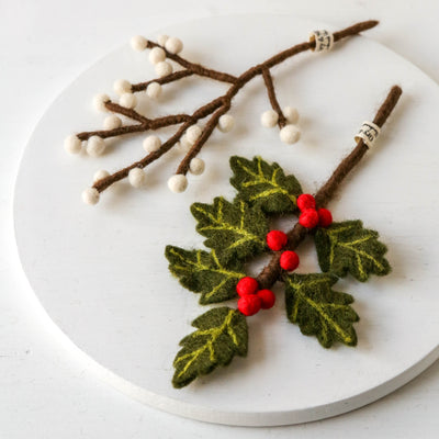 Festive Felt Branch with White Berries - Small
