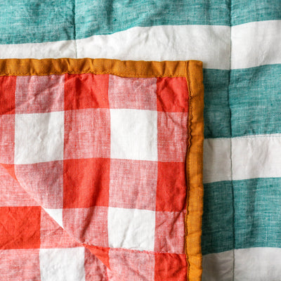 Double Sided Linen Quilt - Cherry / Emerald