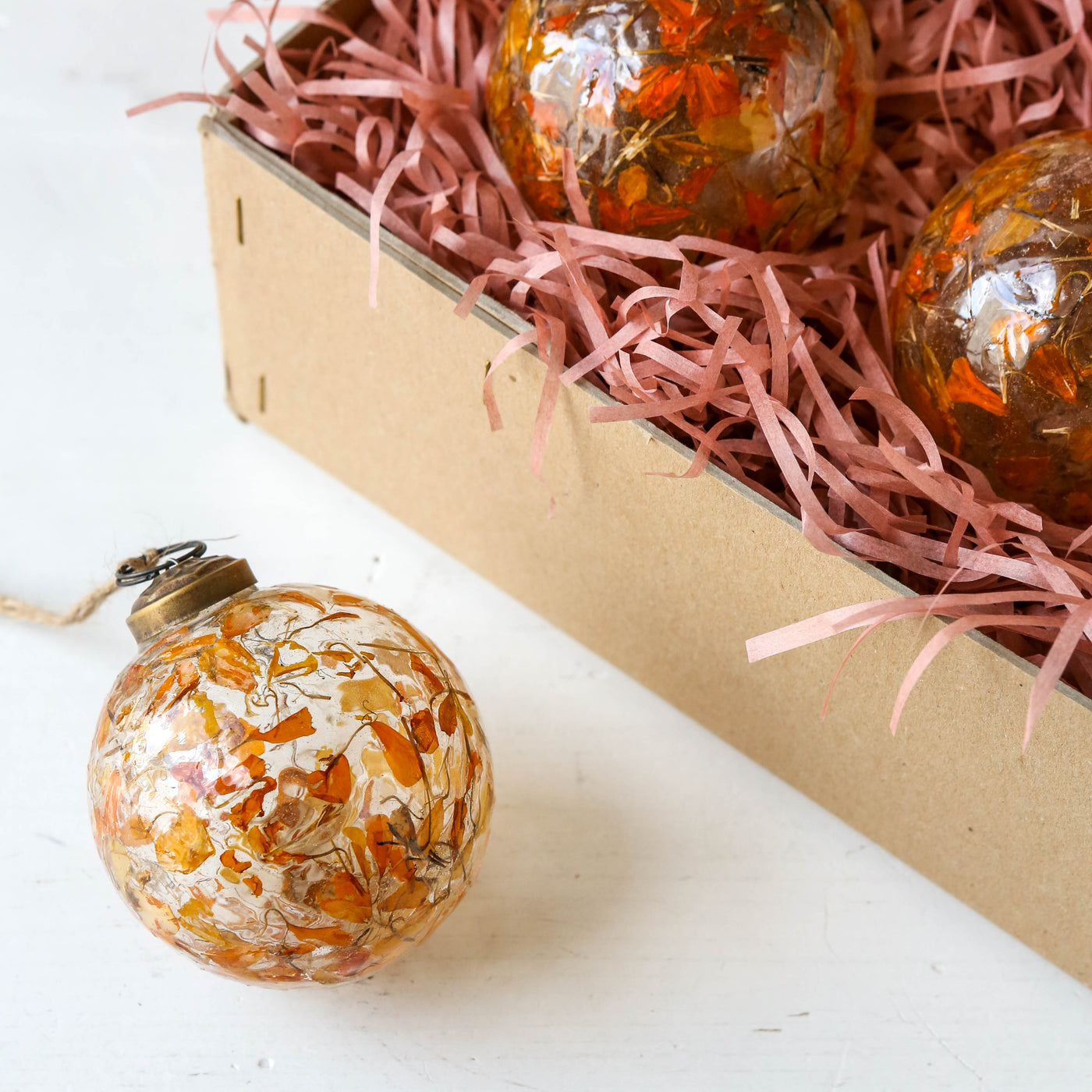 7cm Blown Glass Dried Amber Petal Bauble