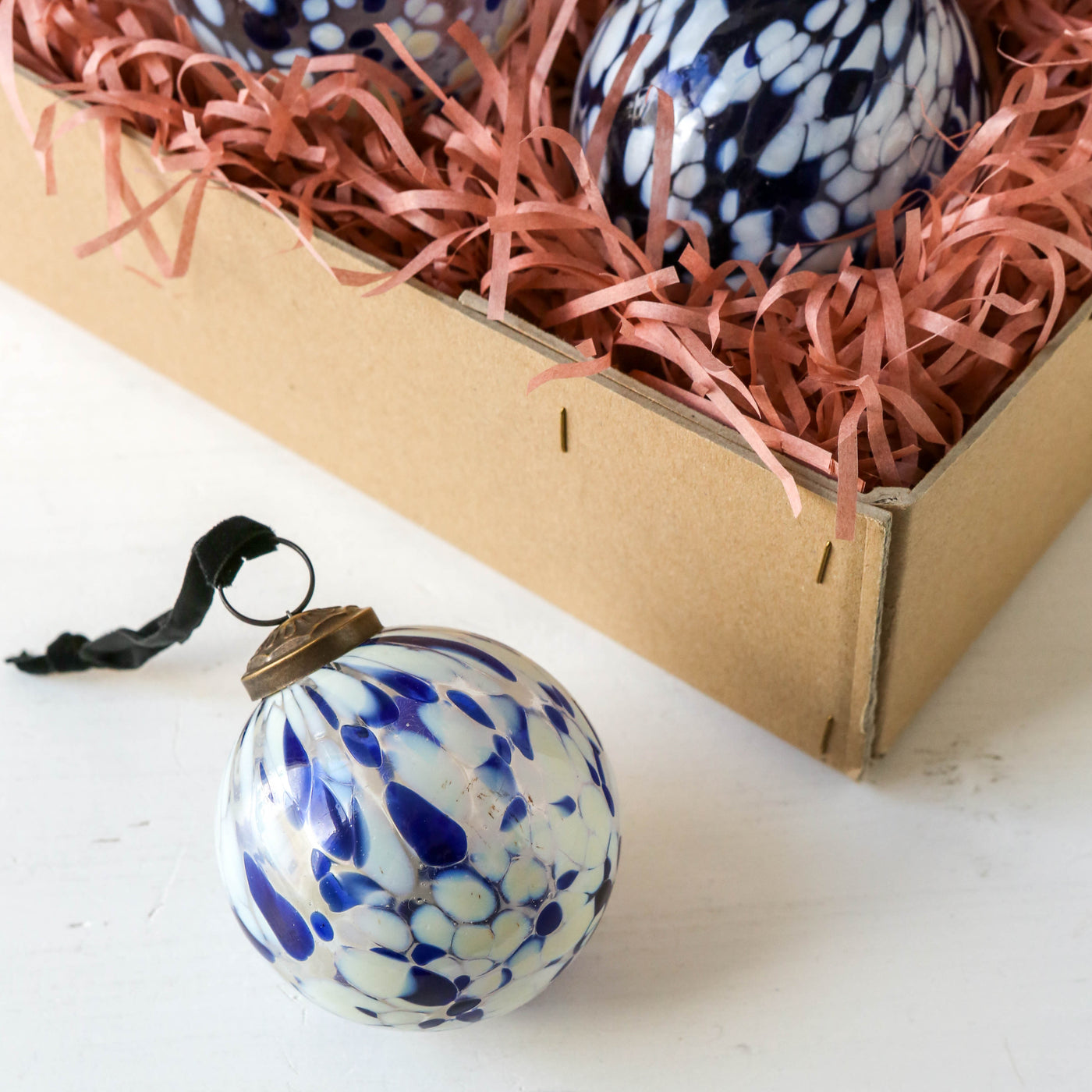 7cm Blown Speckled Glass Bauble - Blue