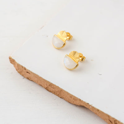 Kamili Gold Stud Earrings - Rainbow Moonstone
