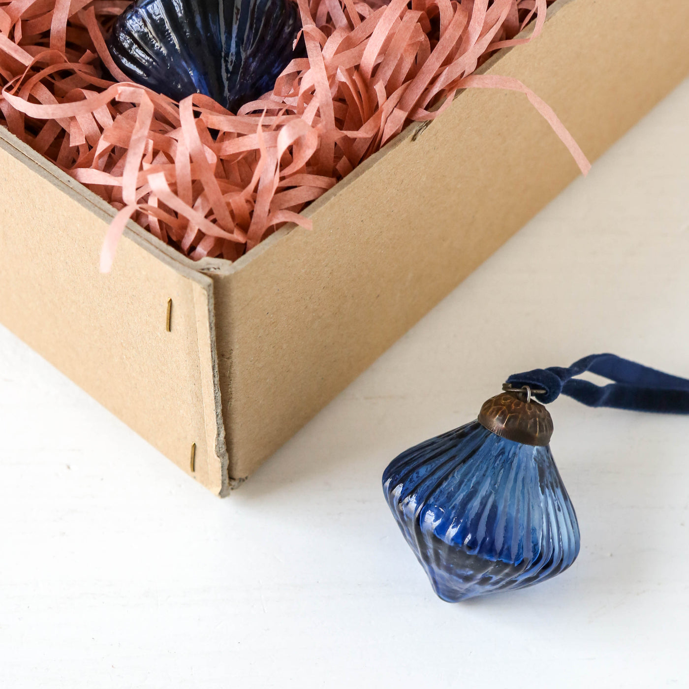 5.5cm Ribbed Glass Lantern Bauble - Blue