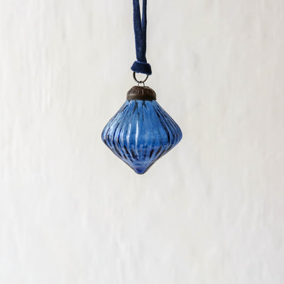 5.5cm Ribbed Glass Lantern Bauble - Blue