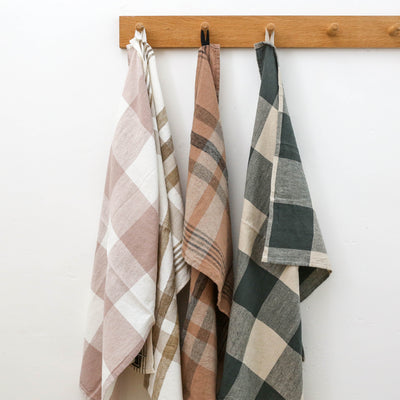 Washed Linen Cotton Bold Check Tea Towel - Pigeon