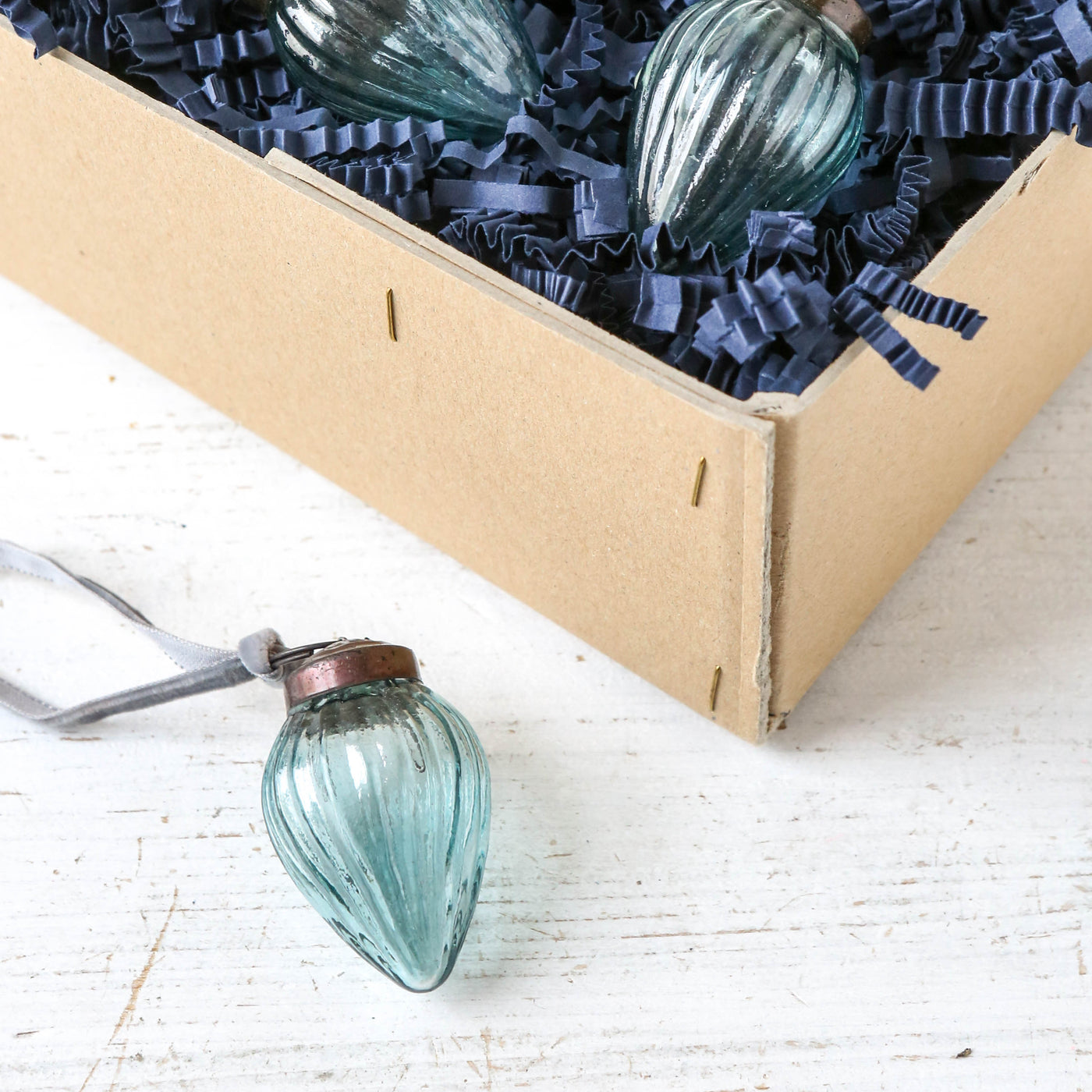 5cm Ribbed Gourd Glass Bauble - Aqua