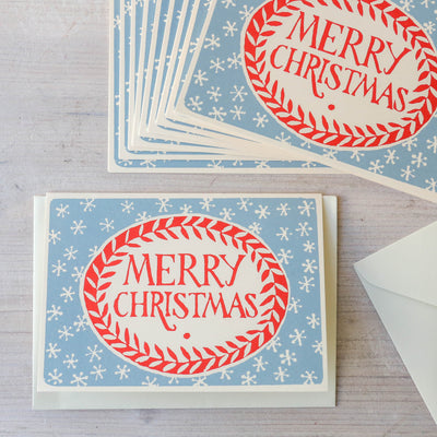 Pack of 10 Merry Christmas Cards - Red & Blue
