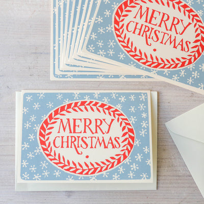 Pack of 10 Merry Christmas Cards - Red & Blue