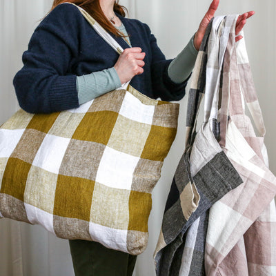 Washed Linen Cotton Sloppy Shoulder Bag - Bold Navy Check