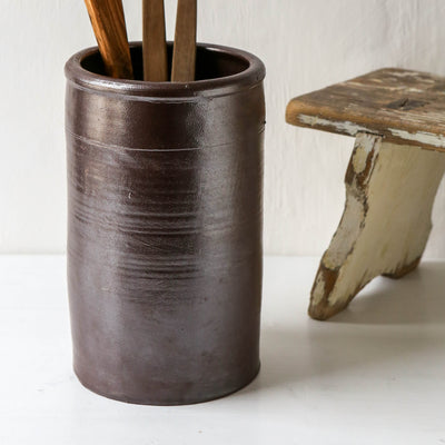 Vintage Dark Brown Stoneware Utensil Pot