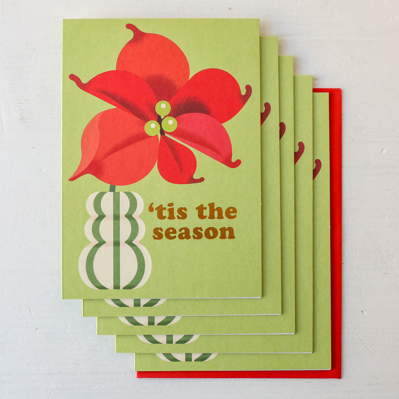 Poinsettia & Stripey Vase Christmas Card Pack of 5