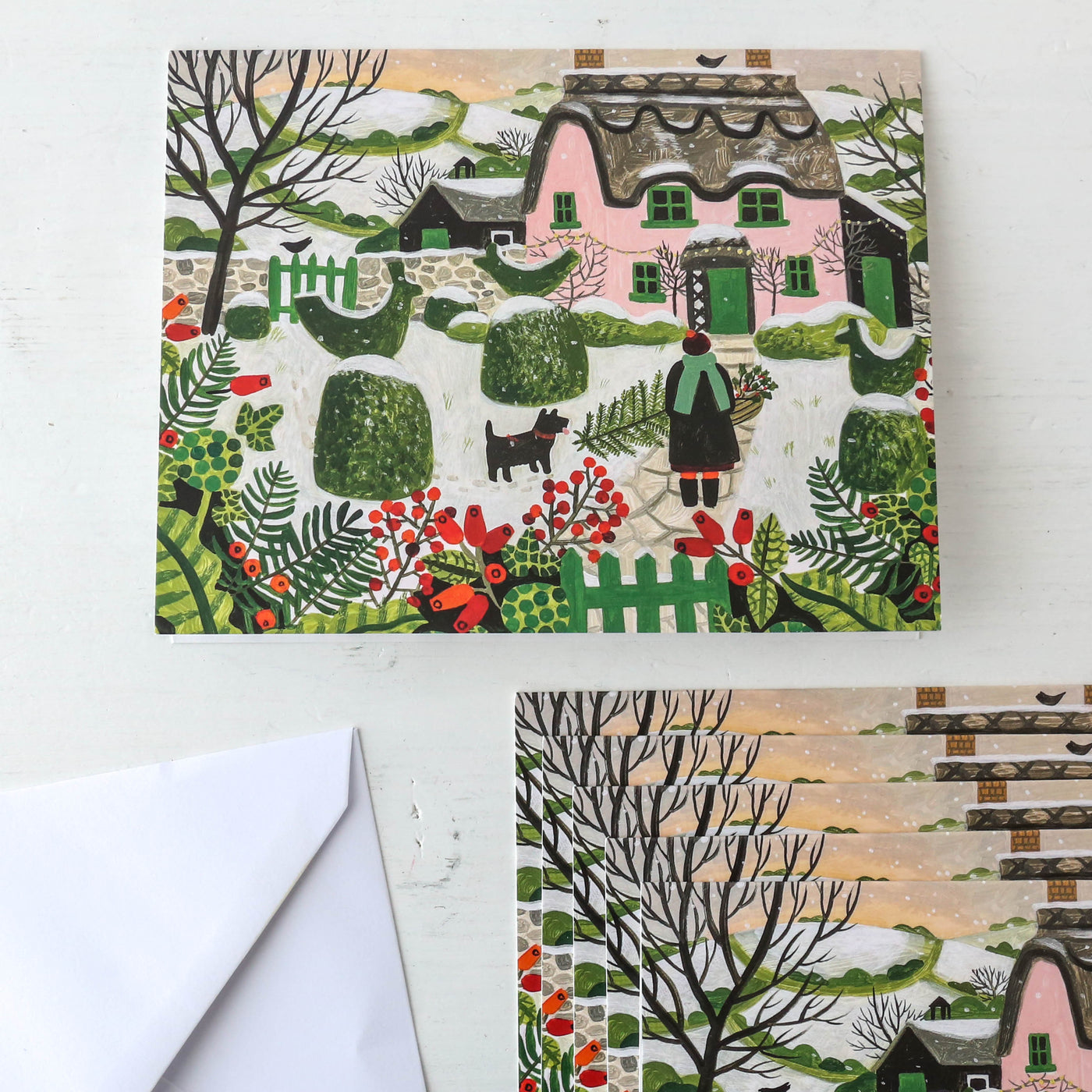 Pink Cottage and Snowy Topiary Pack of 6 Charity Christmas Cards