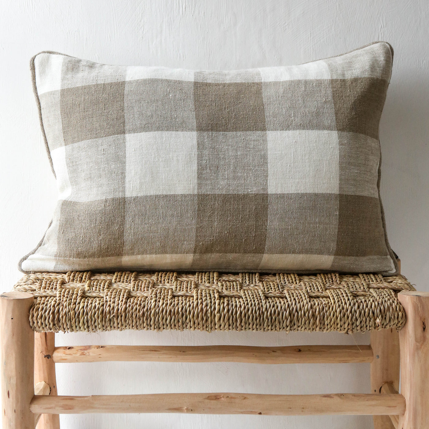 Oblong Bold Check Piped Linen Cushion Cover - Natural
