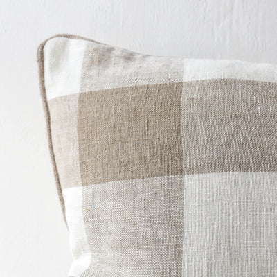 Oblong Bold Check Piped Linen Cushion Cover - Natural