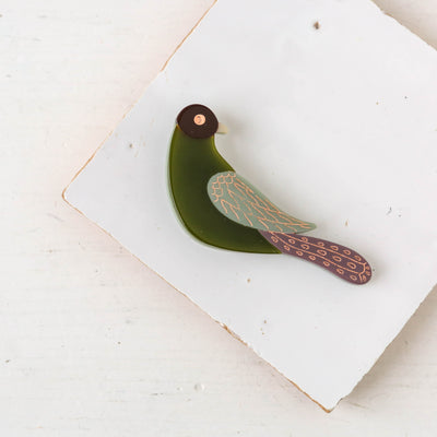 Abstract Green Flycatcher Bird Resin Brooch