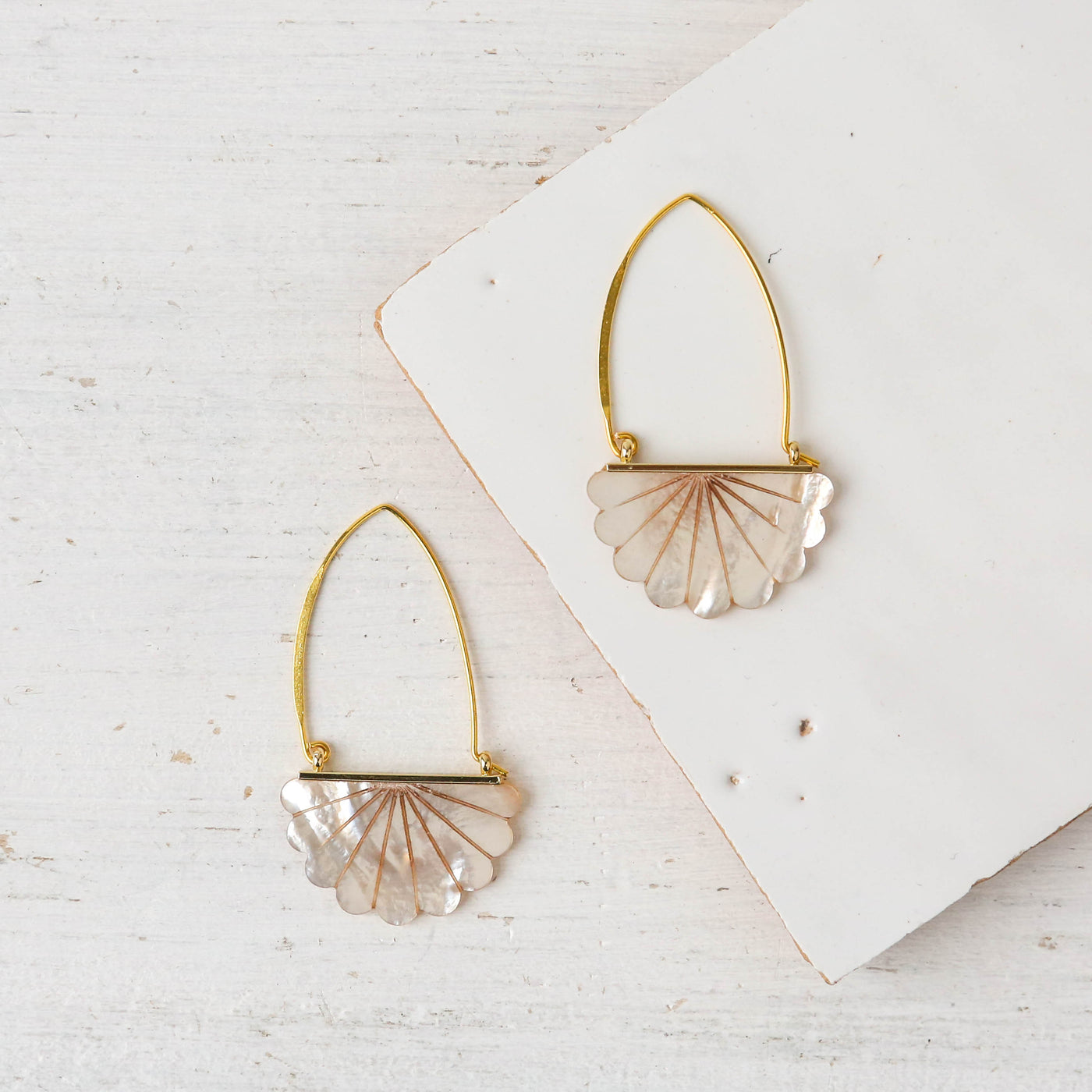 Mother of Pearl Art Deco Hoop Earrings - Gold