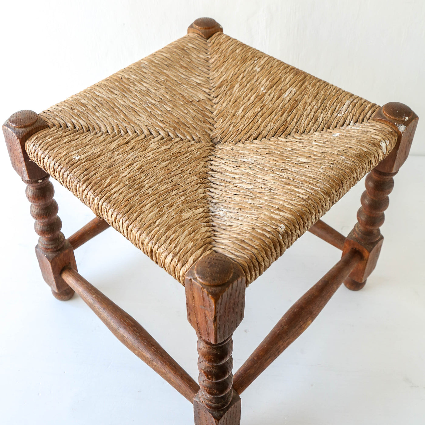 Vintage Oak Foot Stool with Rush Seat - Design 1