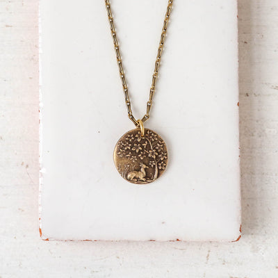 Bronze Heirloom Button Charm Necklace - Fawn in the Forest