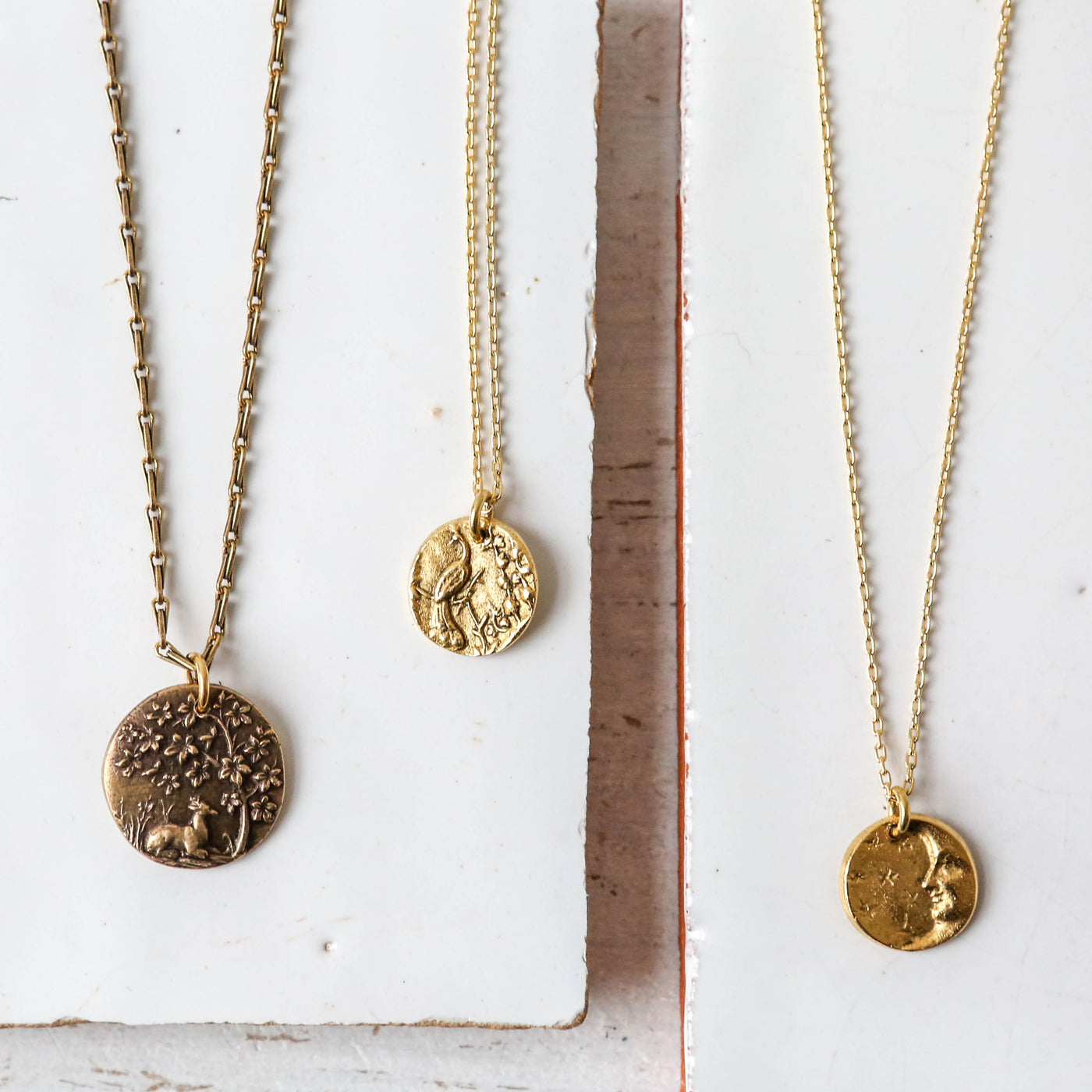 Gold Button Charm Necklace - Moon & Stars