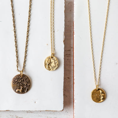 Gold Button Charm Necklace - Moon & Stars
