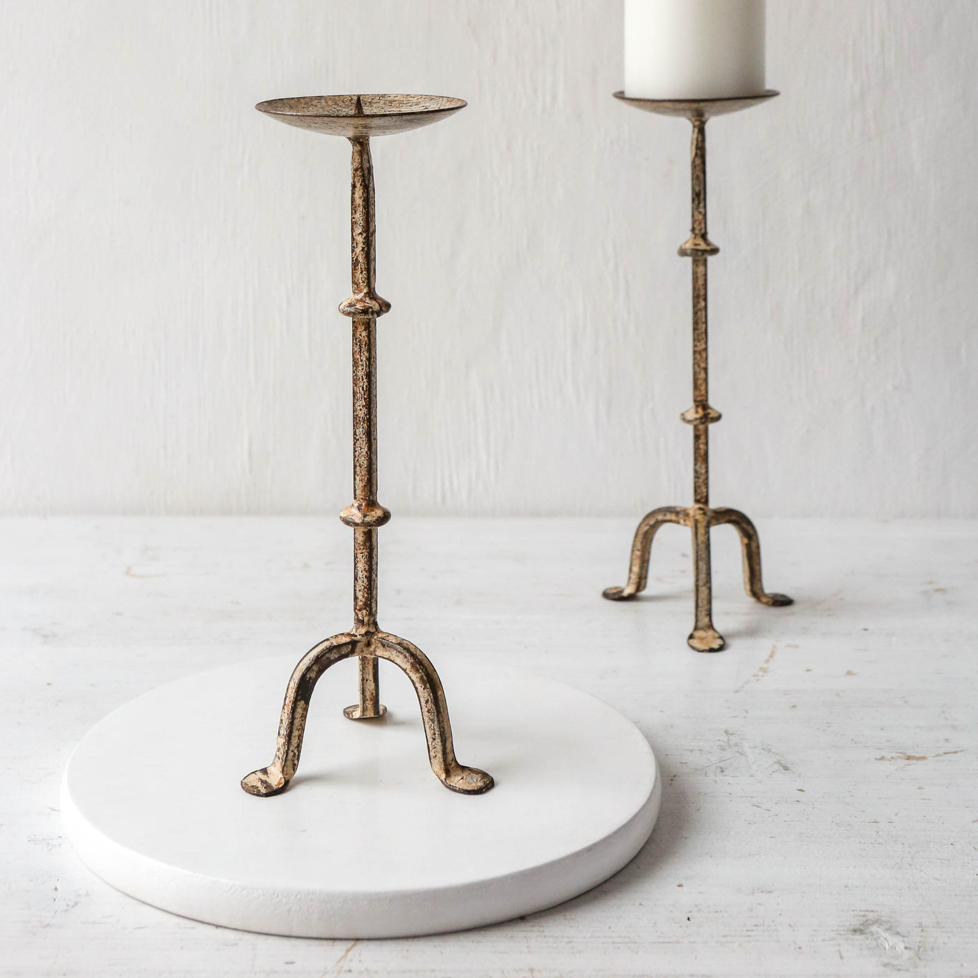 Distressed Metal Pillar Candle Holder