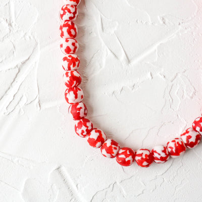 Recycled Glass Beads - 14mm Red & White Patterned