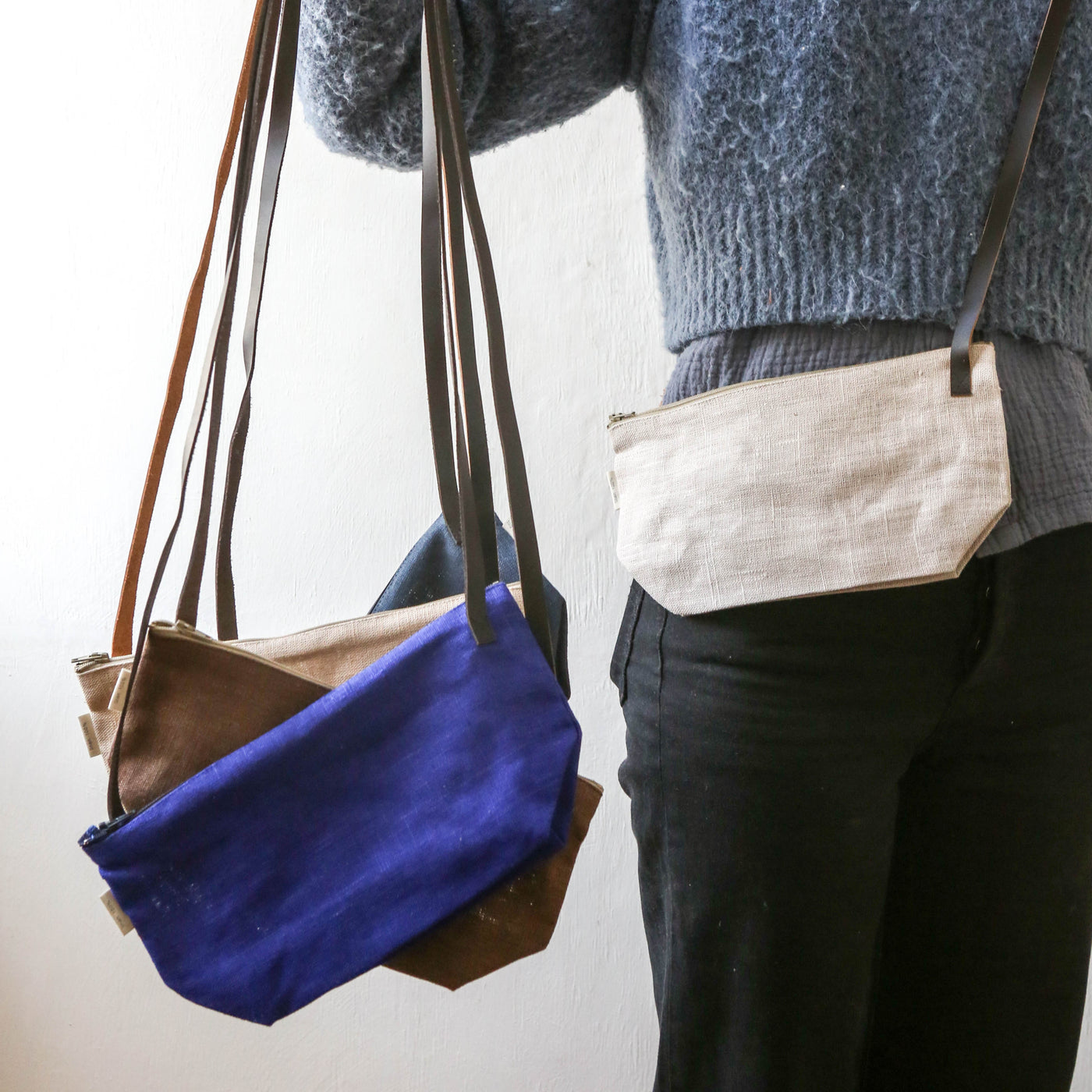 Small Linen Cross Body Bag with Leather Handle