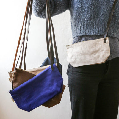 Small Linen Cross Body Bag with Leather Handle