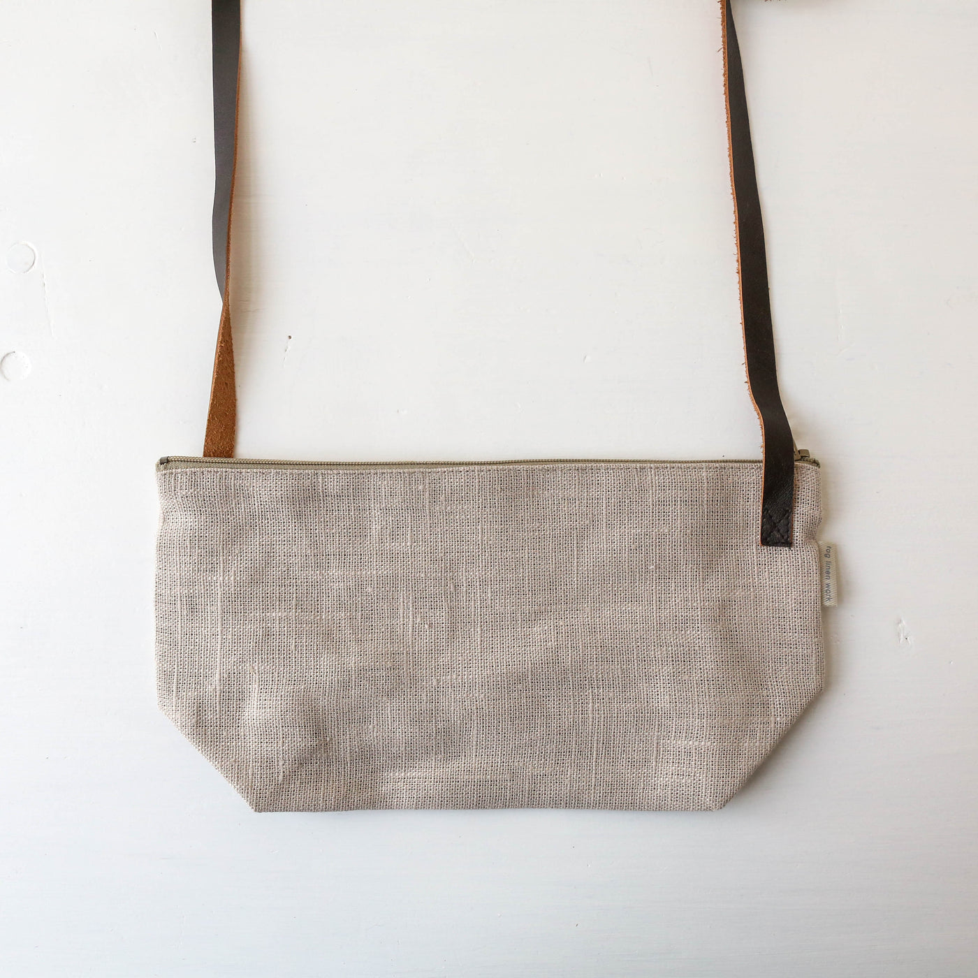 Small Linen Cross Body Bag with Leather Handle
