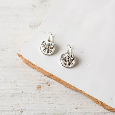 Silver Button Charm Earrings - Bee