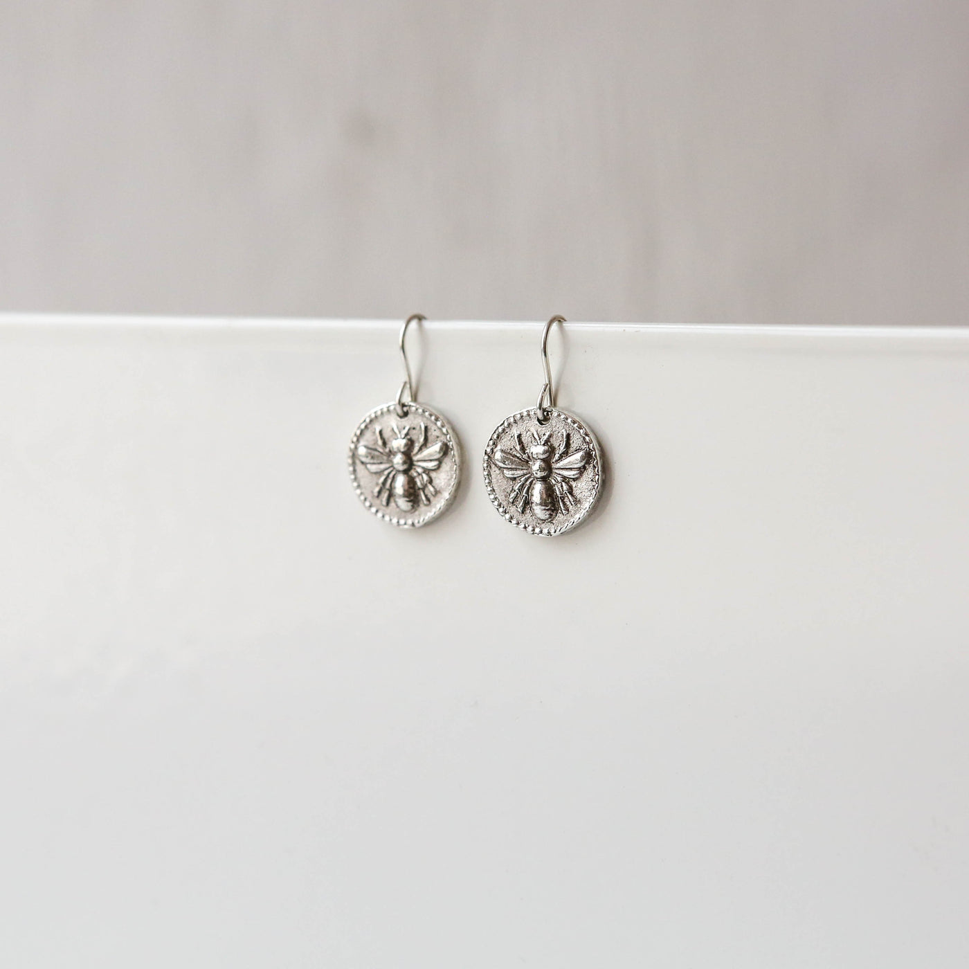 Silver Button Charm Earrings - Bee