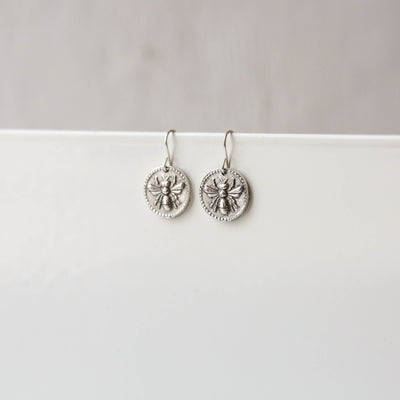 Silver Button Charm Earrings - Bee