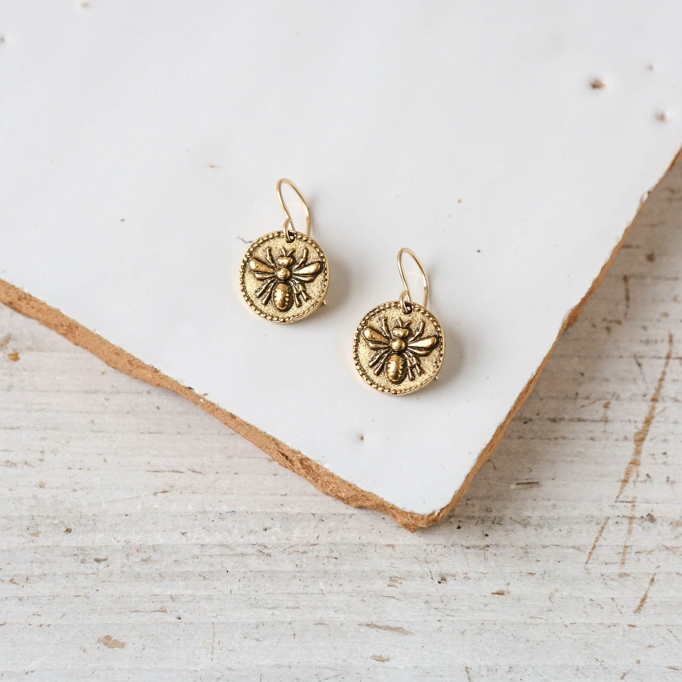 Gold Button Charm Earrings - Bee