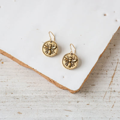 Gold Button Charm Earrings - Bee