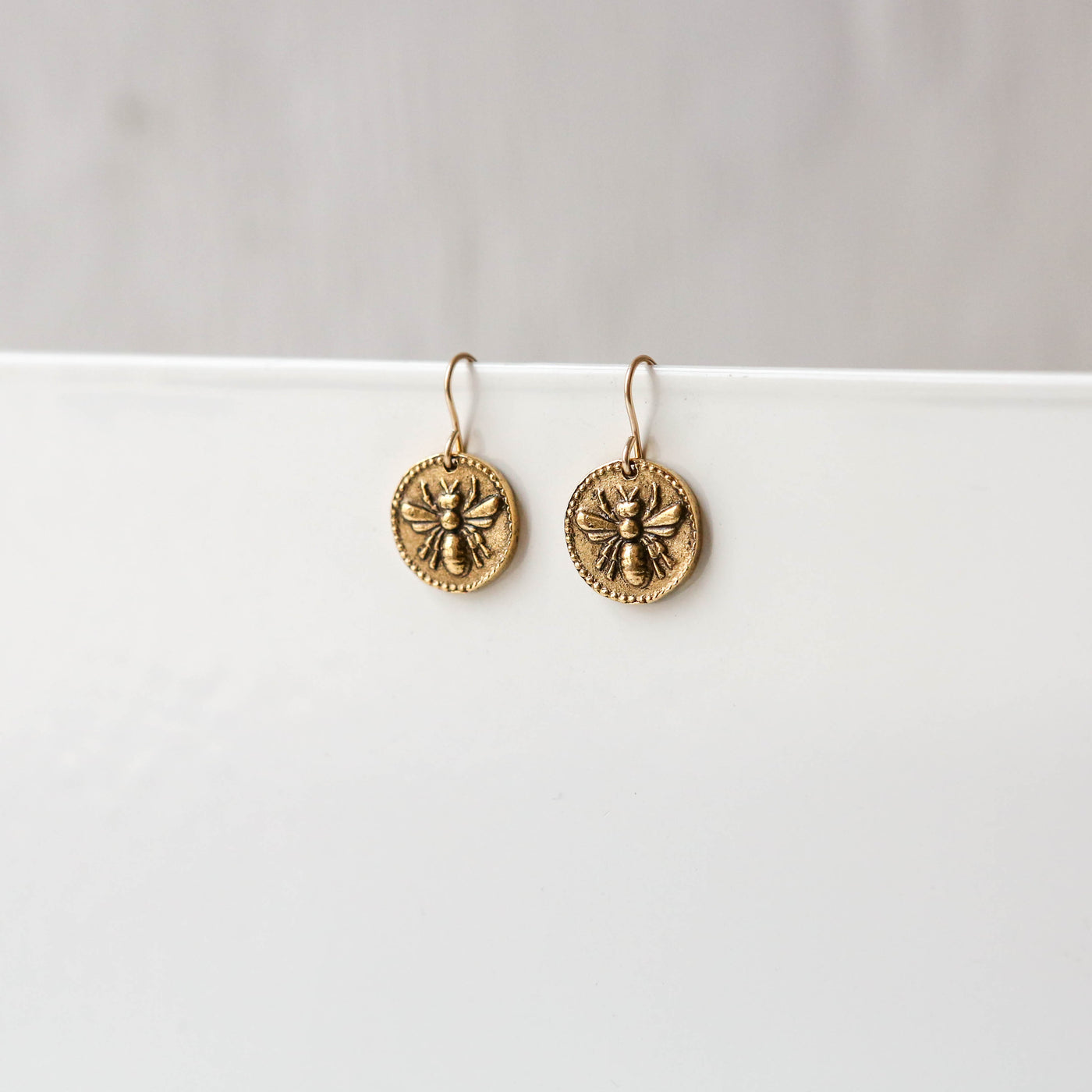 Gold Button Charm Earrings - Bee