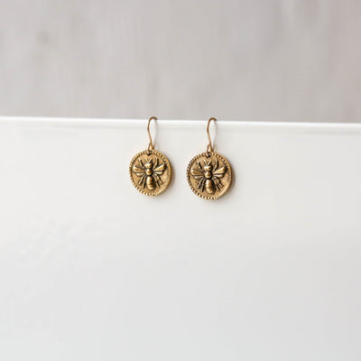 Gold Button Charm Earrings - Bee