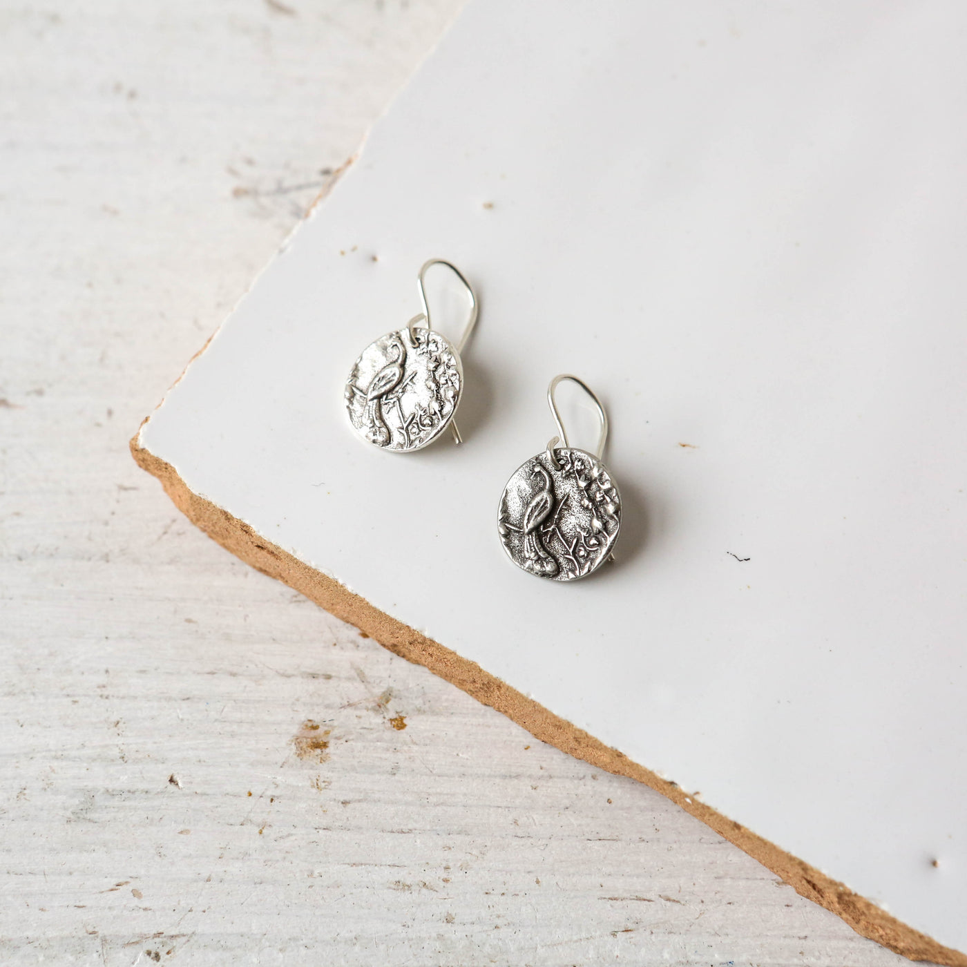 Silver Button Charm Earrings - Peacock