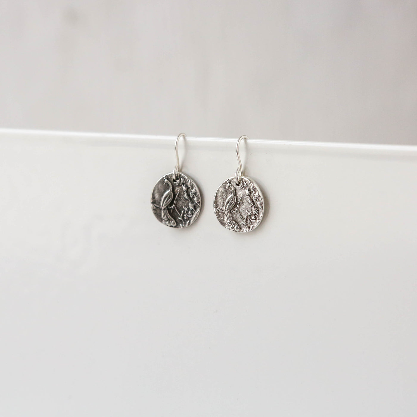 Silver Button Charm Earrings - Peacock