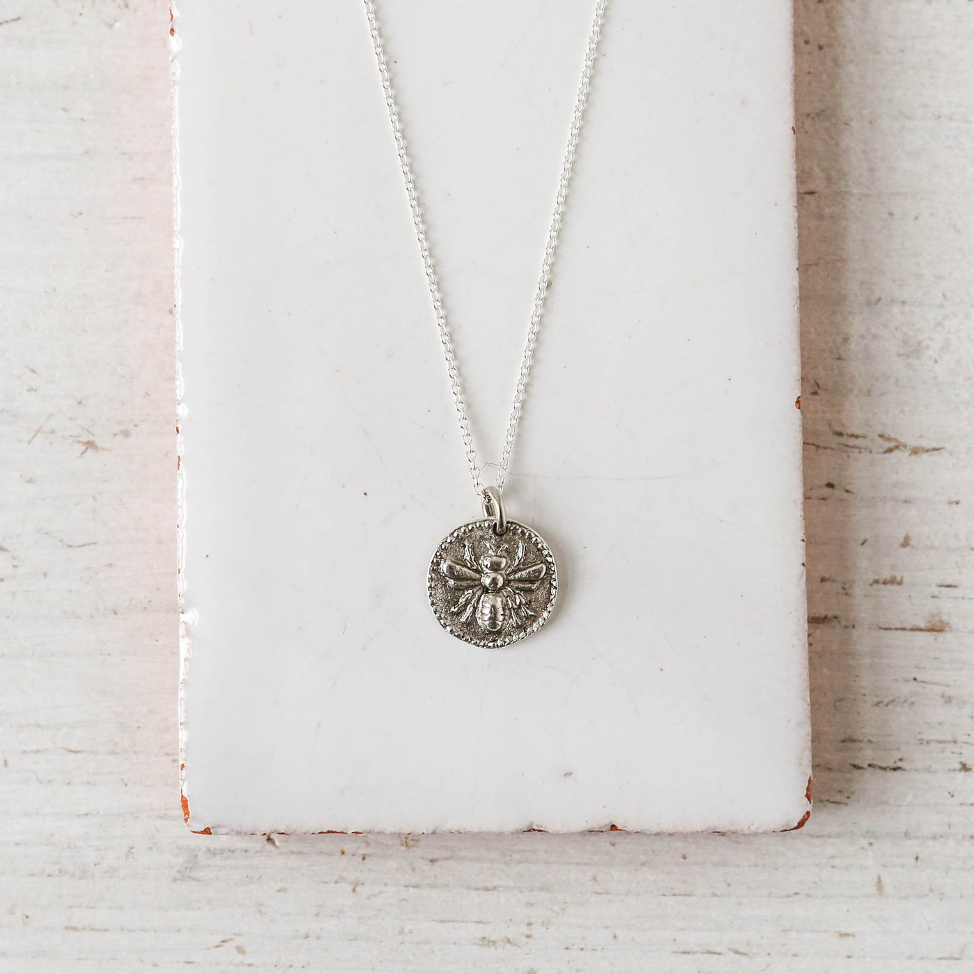 Silver Button Charm Necklace - Bee