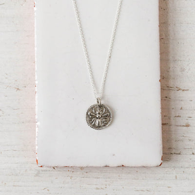 Silver Button Charm Necklace - Bee