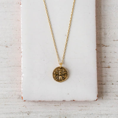 Gold Button Charm Necklace - Bee