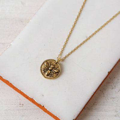 Gold Button Charm Necklace - Bee