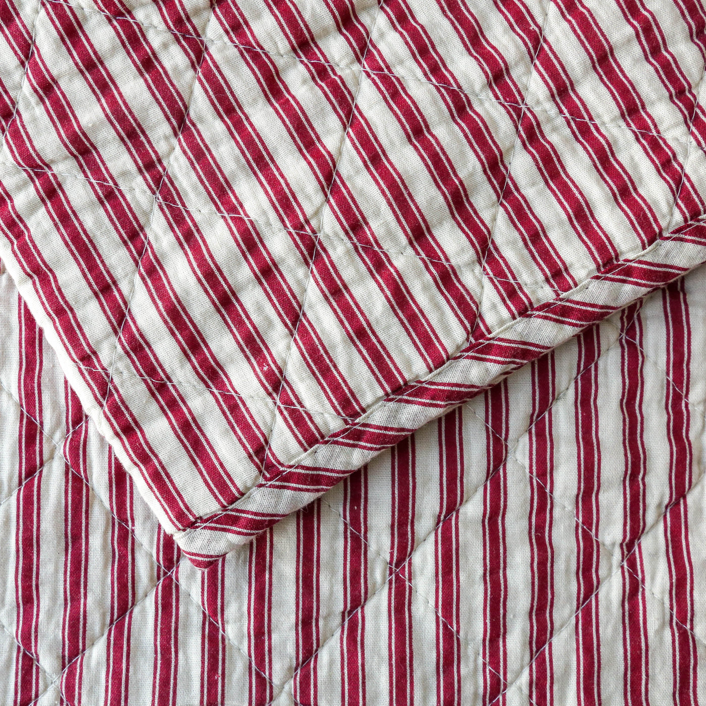 Red & Sand Ticking Stripe Cotton Quilt