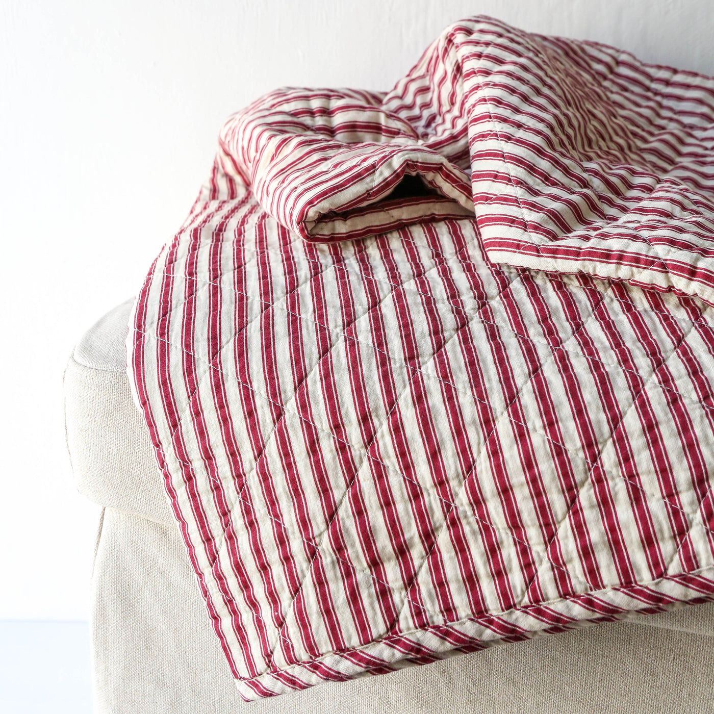 Red & Sand Ticking Stripe Cotton Quilt