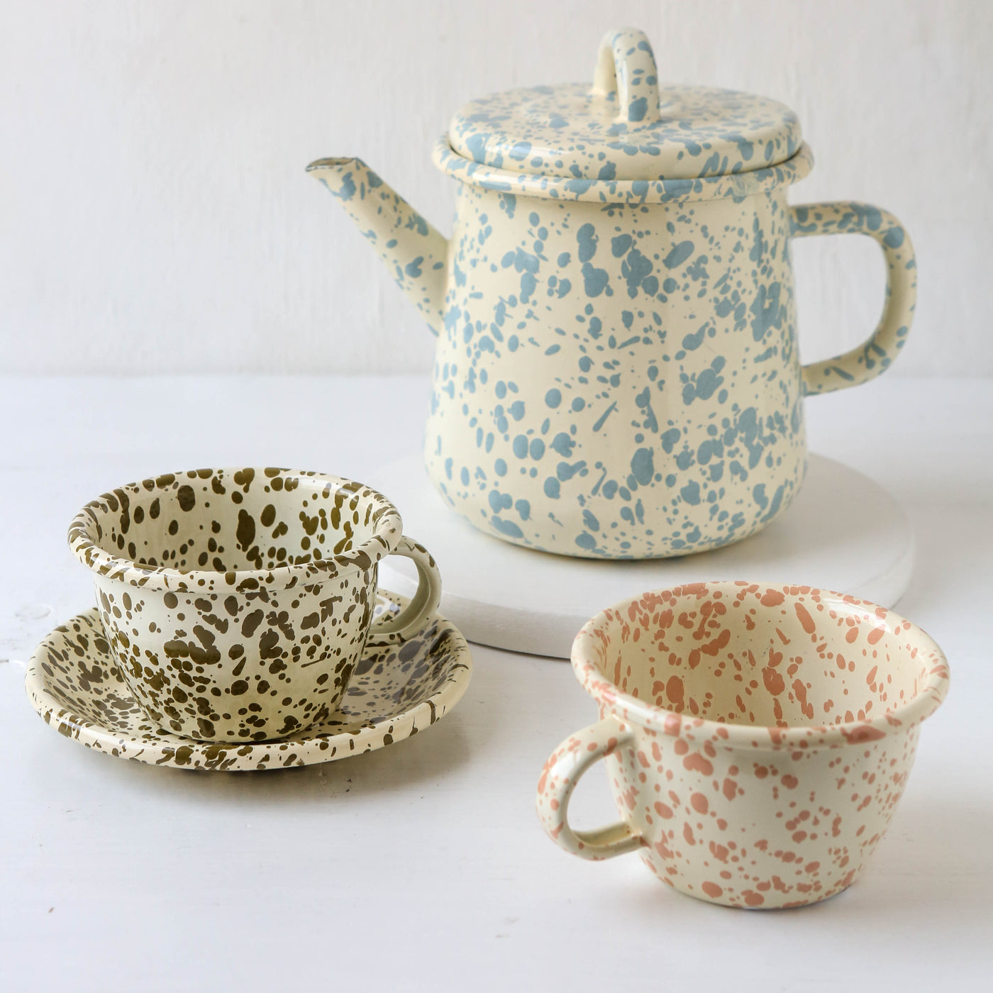 Splatterware Enamel Tea or Hot Chocolate Cup - Olive Green