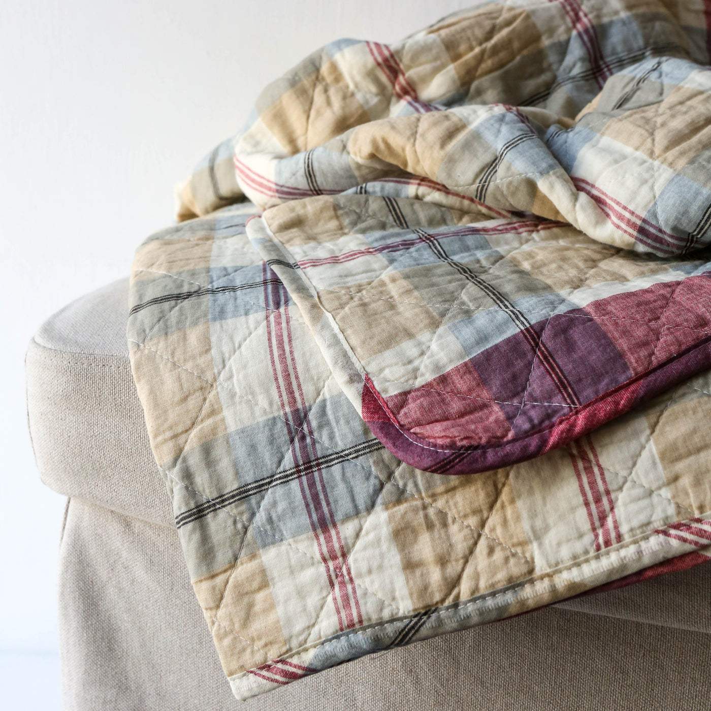 Red, Blue & Beige Plaid Cotton Quilt