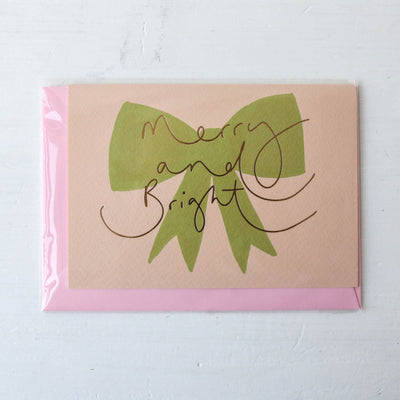 Merry and Bright Gold Bow Christmas Card