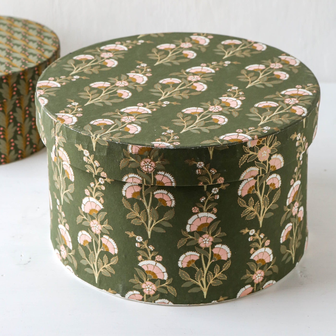 Round Covered Storage Box in Calla Olive - Large