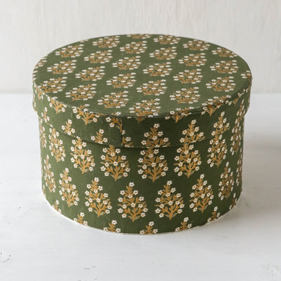 Round Covered Storage Box in Calla Olive - Medium