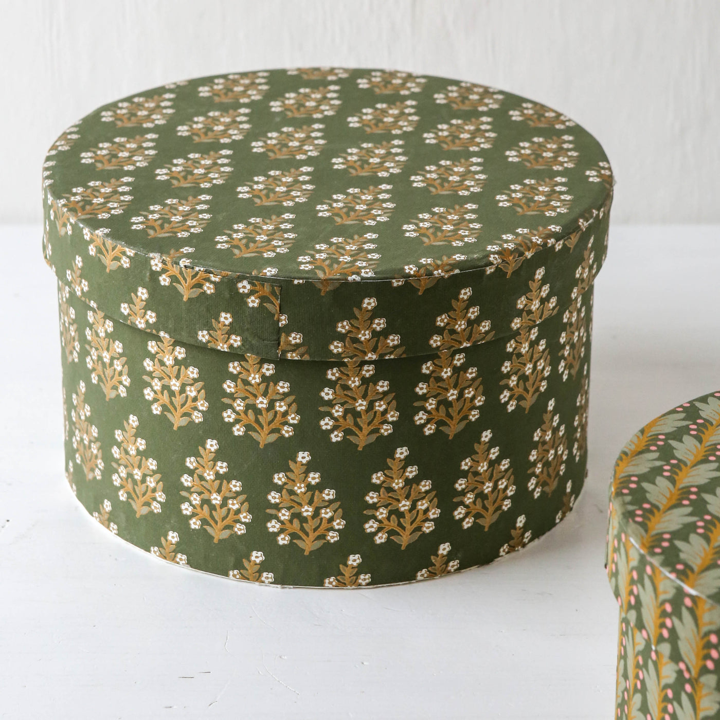 Round Covered Storage Box in Calla Olive - Medium